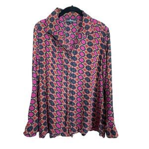 Liza Byrd Shirt Womens Sz S Red Black Pink Button Up Covered Placket Batik Print